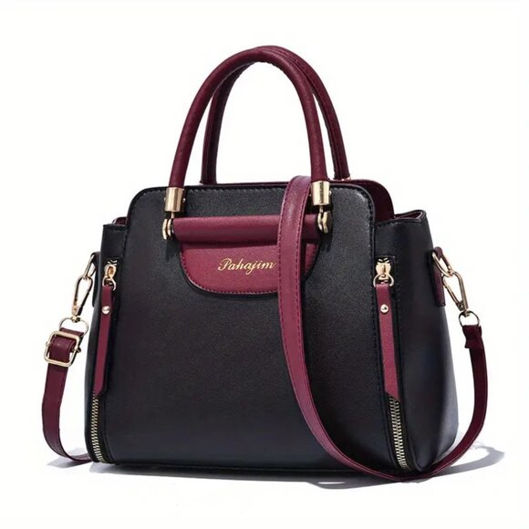 Tote Handbag Work Office Dual Color Black Wine Red 90s Vibe Top Handle Bag - Picture 1 of 6